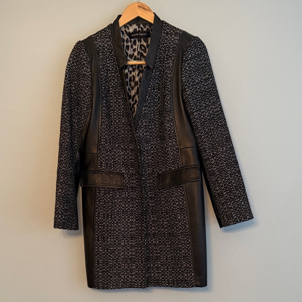 Nanette Lepore Mixed Media leather and tweed blazer